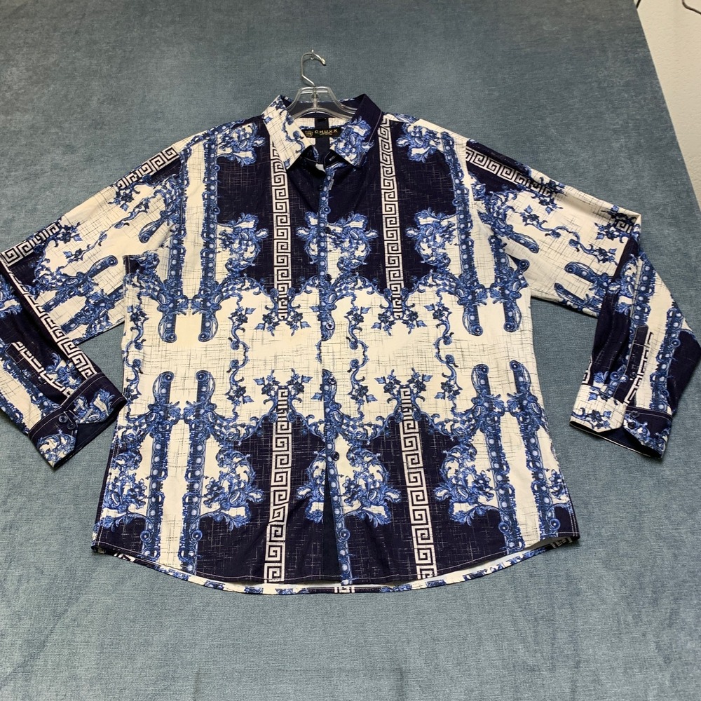 Chuxx Italy Design Shirt Mens XL Blue White Baroque Greek Key Floral Button Up